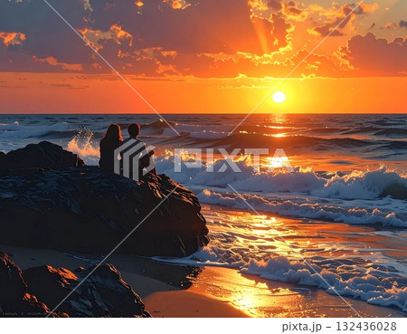 【AI生成画像】イラスト　海に沈む夕日を眺める恋人達 132436028