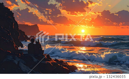 【AI生成画像】イラスト 海に沈む夕日を眺める恋人達 【AI生成画像】イラスト 海に沈む夕日を眺める恋人達 132436035