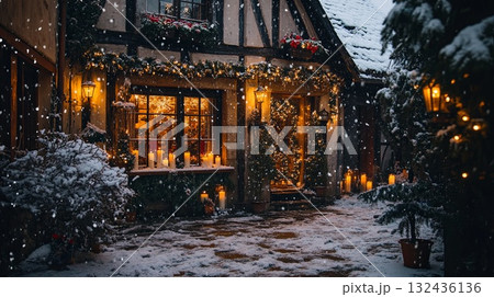 A quaint village house decorated with candles in the windows and snow lightly falling. . A quaint village house decorated with candles in the windows and snow lightly falling. . 132436136
