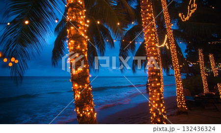 Christmas lights on beach palm trees, ocean view . 132436324