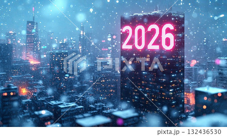 Floating LED panels forming 2026, snowy tech landscape with shimmering lights . Floating LED panels forming 2026, snowy tech landscape with shimmering lights . 132436530