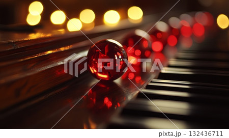 Shiny red baubles reflecting fairy lights on a wooden piano top. . 132436711