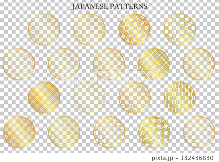 Set of various Japanese patterns on round and circular edges_Gold 132436830