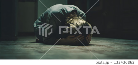 暗い部屋でうずくまる人物。絶望と孤独を表現したドラマチックなイメージ 暗い部屋でうずくまる人物。絶望と孤独を表現したドラマチックなイメージ 132436862