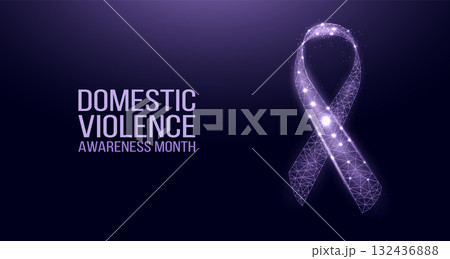 Domestic Violence Awareness Month concept. Banner template with glowing low poly purple ribbon. Futuristic modern abstract background. Vector illustration. Domestic Violence Awareness Month concept. Banner template with glowing low poly purple ribbon. Futuristic modern abstract background. Vector illustration. 132436888
