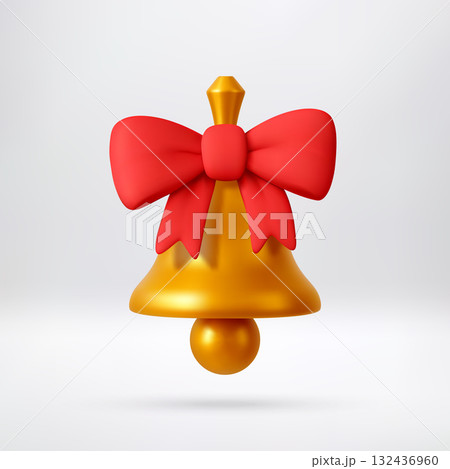 3D Golden christmas bell with red ribbon bow 132436960