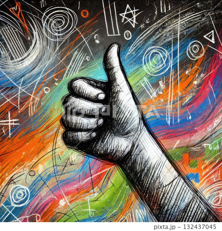 Expressive Thumbs-Up Illustration with Vibrant Abstract Swirls and Brush Strokes with Generative AI. 132437045