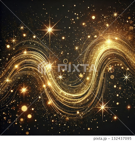 Golden Wave of Glittering Stars and Swirls on a Dark Background with Generative AI. 132437095