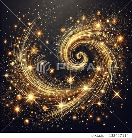 Golden Wave of Glittering Stars and Swirls on a Dark Background with Generative AI. 132437114