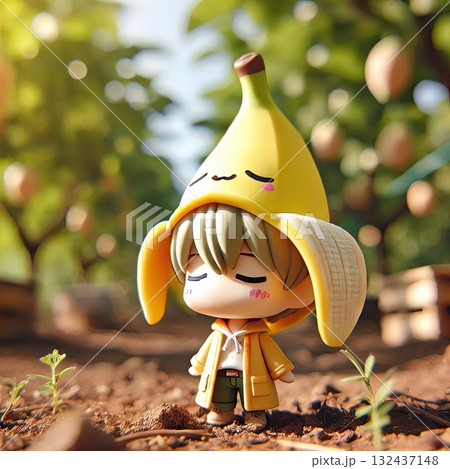 Cute Anime Figure in Banana Costume Standing on Garden Path at Sunset with Generative AI. 132437148