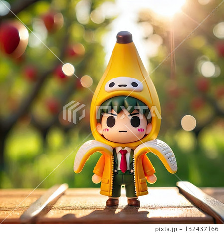 Cute Anime Figure in Banana Costume Standing on Garden Path at Sunset with Generative AI. 132437166