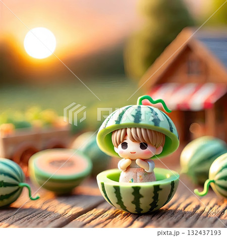 Cute Melon Character in a Sunny Farm Scene with Fresh Produce with Generative AI. 132437193