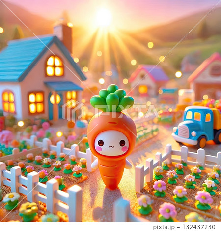 Adorable Cartoon Carrot Character in a Miniature Countryside Farm Setting with Generative AI. Adorable Cartoon Carrot Character in a Miniature Countryside Farm Setting with Generative AI. 132437230