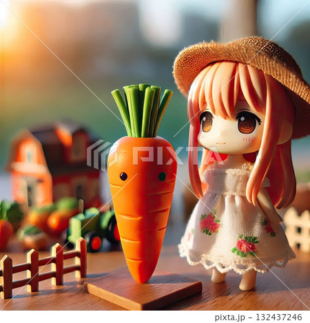 Adorable Cartoon Carrot Character in a Miniature Countryside Farm Setting with Generative AI. Adorable Cartoon Carrot Character in a Miniature Countryside Farm Setting with Generative AI. 132437246