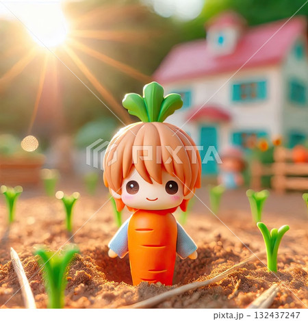 Adorable Cartoon Carrot Character in a Miniature Countryside Farm Setting with Generative AI. Adorable Cartoon Carrot Character in a Miniature Countryside Farm Setting with Generative AI. 132437247