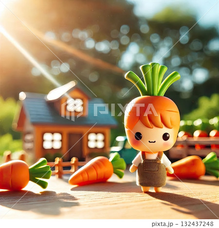 Adorable Cartoon Carrot Character in a Miniature Countryside Farm Setting with Generative AI. 132437248