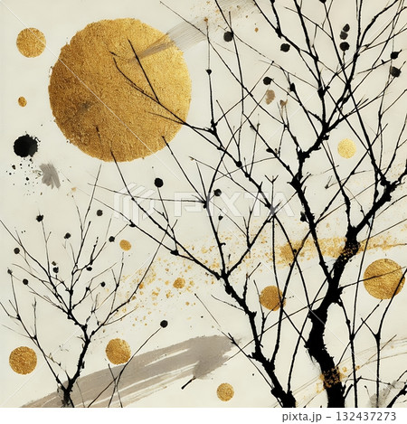 Elegant Japanese Ink Painting of a Blossoming Branch with Golden Sun with Generative AI. Elegant Japanese Ink Painting of a Blossoming Branch with Golden Sun with Generative AI. 132437273