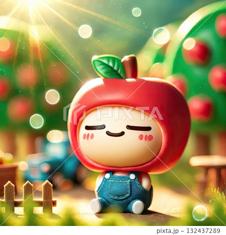 Charming Apple doll Figurine in a Lush Orchard , Cute Toy Character with Red Apple Helmet and Green Cape with Generative AI. Charming Apple doll Figurine in a Lush Orchard , Cute Toy Character with Red Apple Helmet and Green Cape with Generative AI. 132437289