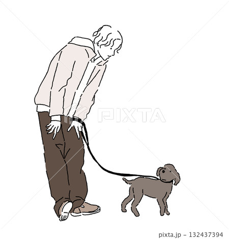 犬と散歩する男性の秋カジュアルファッションイラスト（カラー） 132437394