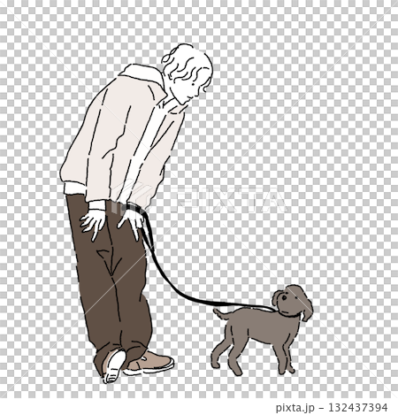 犬と散歩する男性の秋カジュアルファッションイラスト（カラー） 132437394