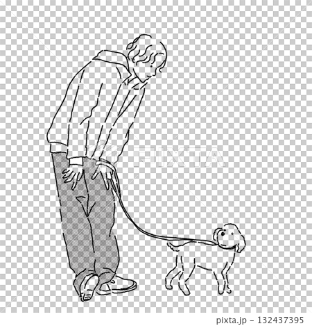 一名男子遛狗的單色線畫 132437395