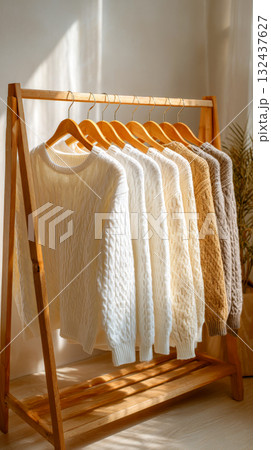 Seven cable-knit sweaters in varying shades of white, cream, and brown hang neatly on wooden hangers on a minimalist wooden clothing rack 132437627