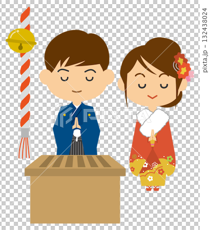 和装で初詣で参拝をする男女のイメージイラスト 132438024