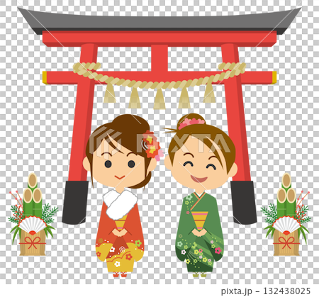 兩位身著振袖和服的女性在新年第一次參拜神社的插圖 132438025