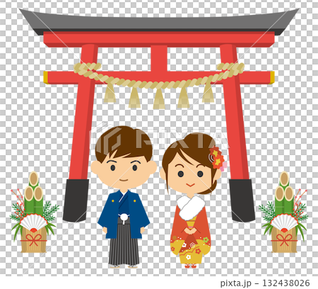 一對身著日本傳統服飾的夫婦第一次參拜神社的插圖 132438026