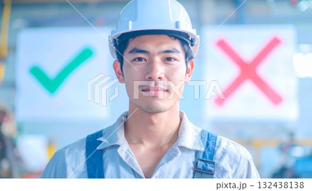 工場でヘルメットをかぶった男性 工場でヘルメットをかぶった男性 132438138