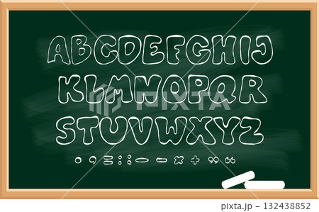 Chalk school green board with outline white textured letters. Isolated Crayon bubble alphabet, punctuation marks and symbols hand drawn doodles for design back-to-school. Vector illustration. Not AI 132438852