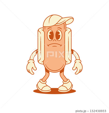 Sad hot dog cartoon character in cap tired contoured vector flat illustration Sad hot dog cartoon character in cap tired contoured vector flat illustration 132438933