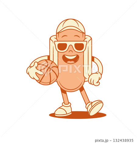 Cool teenager hot dog cartoon character with basketball ball contoured vector flat 132438935