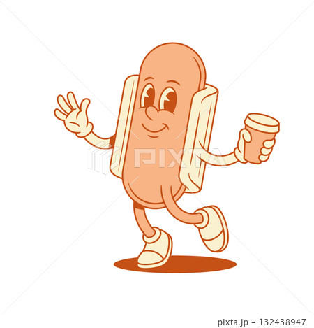 Funny hot dog cartoon character with coffee paper cup contoured vector flat illustration 132438947