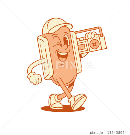 Smiling funky hot dog cartoon character with retro music recorder contoured vector flat illustration Smiling funky hot dog cartoon character with retro music recorder contoured vector flat illustration 132438954