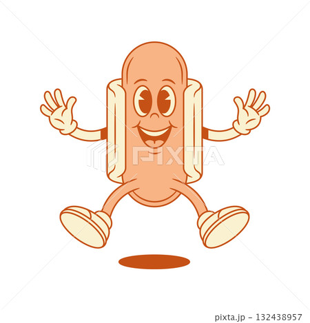 Funny cheerful hot dog cartoon character jumping contoured vector flat illustration 132438957