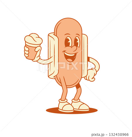 Comic hot dog cartoon character with ice cream contoured vector flat illustration 132438966
