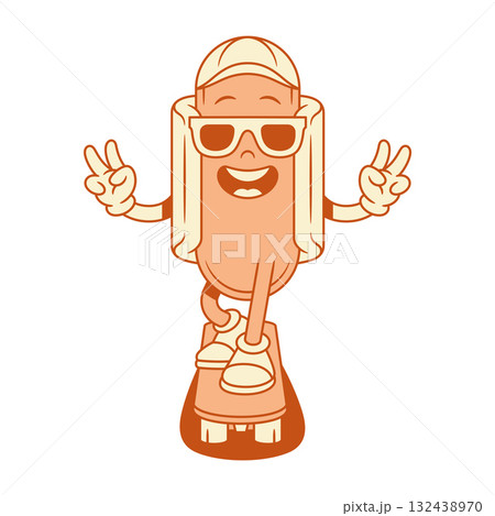 Hipster hot dog cartoon character riding skateboard contoured vector flat illustration 132438970