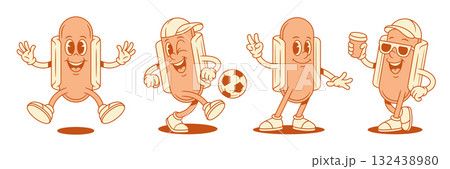 Cheerful cute hot dog cartoon character funky set contoured vector flat illustration 132438980