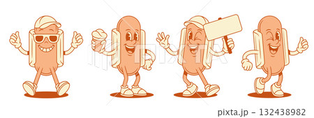 Cheerful funny hot dog cartoon character set contoured vector flat illustration Cheerful funny hot dog cartoon character set contoured vector flat illustration 132438982
