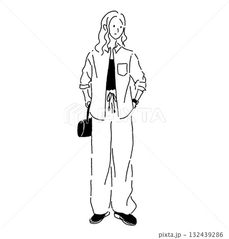 モノクロ線画の女性ファッションイラスト(秋カジュアル) モノクロ線画の女性ファッションイラスト(秋カジュアル) 132439286