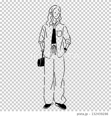 モノクロ線画の女性ファッションイラスト(秋カジュアル) モノクロ線画の女性ファッションイラスト(秋カジュアル) 132439286