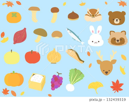 秋の食べ物と動物 手がきアイコンセット 132439319