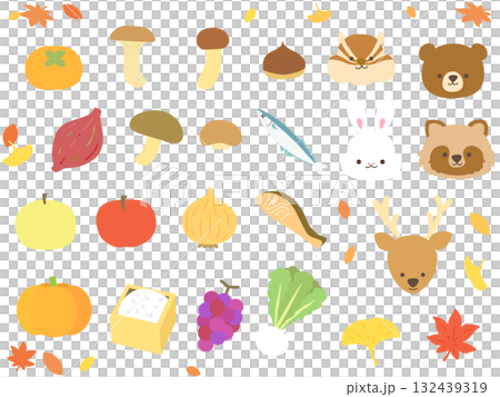秋の食べ物と動物 手がきアイコンセット 132439319