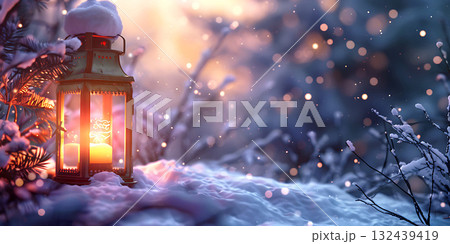 Christmas Lantern On Snow Winter Decoration background, Happy Christmas Day - Ai Generated Christmas Lantern On Snow Winter Decoration background, Happy Christmas Day - Ai Generated 132439419