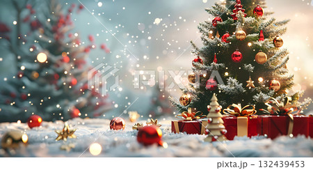 Christmas Tree with Decorations And Gift background, Happy Christmas Day - Ai Generated 132439453