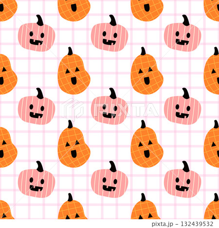 cute pastel pumpkin seamless pattern, kawaii halloween background, pink and orange autumn design 132439532