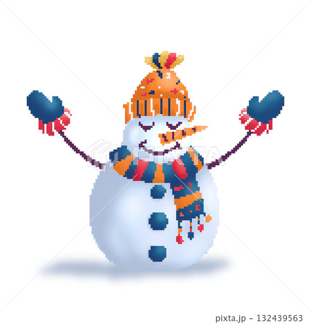Pixel art Christmas snowman in hat and scarf 132439563