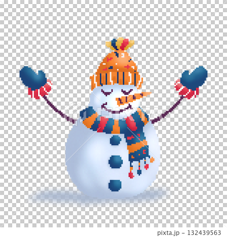 Pixel art Christmas snowman in hat and scarf 132439563
