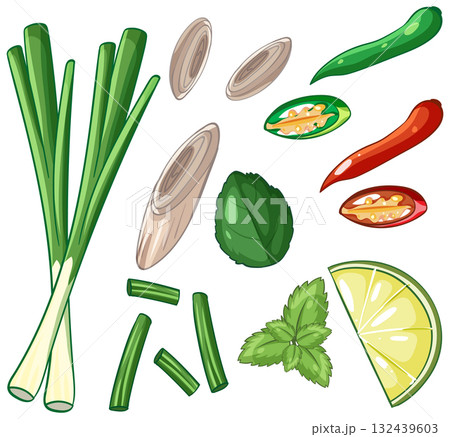 Asian Cuisine Ingredients Vector with Herbs and Spices 132439603